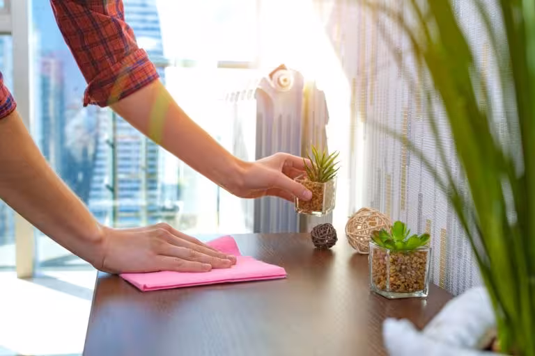 Professional house cleaner wiping a wooden tabletop next to small potted plants
