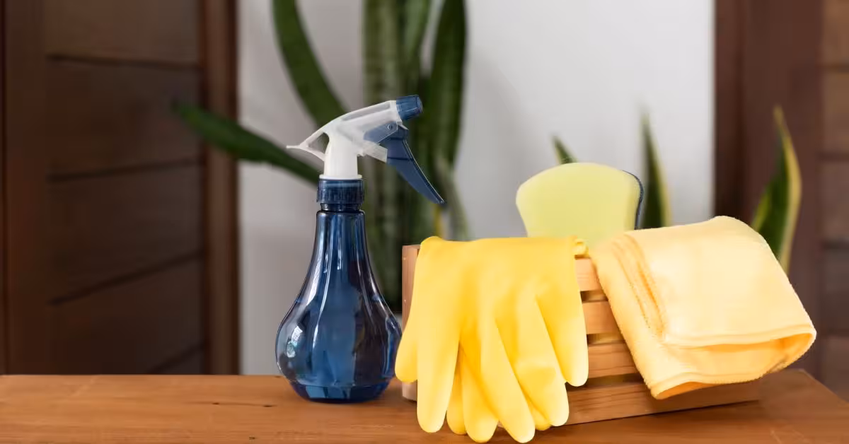 A blue cleaning spray bottle, yellow rubber gloves, a yellow sponge, and a folded yellow microfiber cloth sitting together on a wooden surface.